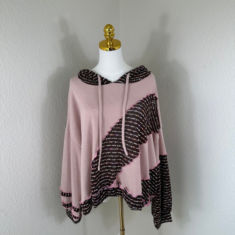 POL Hoodie Women Large Pink Brown Oversize Boho Patchwork Colorblock Cottagecore